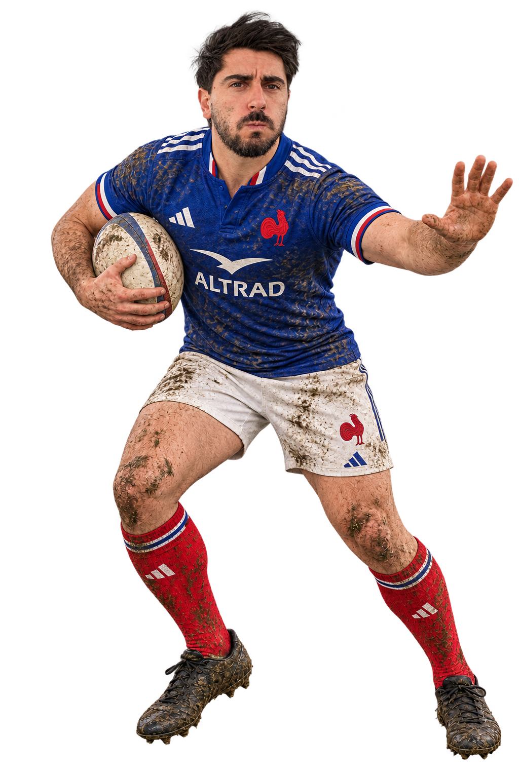 Clément en pied, les sourcils froncés, en tenue France Rugby complète et boueuse, portant le ballon et tendant le bras pour un rafût. Portrait mis en scène.